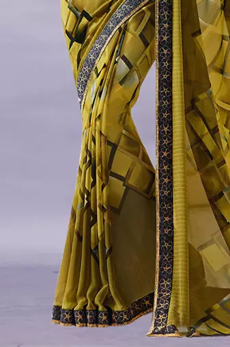 Mehandi Georgette Printed Saree Lace Border & Rich Pallu With Plain Blouse And Saree For Women 