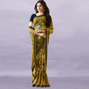 Mehandi Georgette Printed Saree Lace Border & Rich Pallu With Plain Blouse And Saree For Women  4