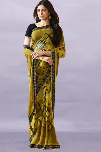 Mehandi Georgette Printed Saree Lace Border & Rich Pallu With Plain Blouse And Saree For Women 