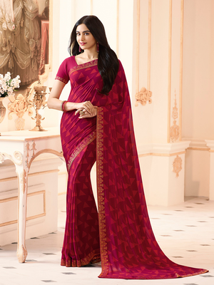 Pink Georgette Printed Saree Lace Border & Rich Pallu With Plain Blouse And Saree For Women  1