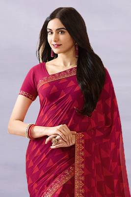 Pink Georgette Printed Saree Lace Border & Rich Pallu With Plain Blouse And Saree For Women  2