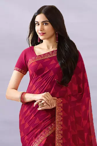 Pink Georgette Printed Saree Lace Border & Rich Pallu With Plain Blouse And Saree For Women 