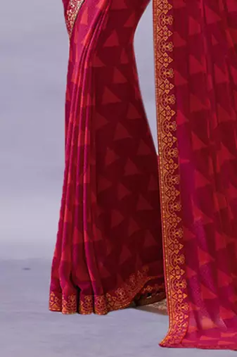 Pink Georgette Printed Saree Lace Border & Rich Pallu With Plain Blouse And Saree For Women 