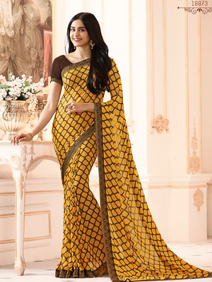 Yellow Georgette Printed Saree Lace Border & Rich Pallu With Plain Blouse And Saree For Women  1
