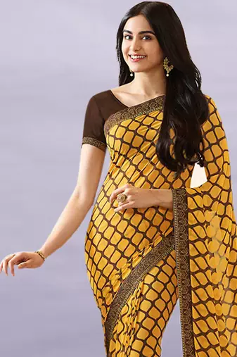 Yellow Georgette Printed Saree Lace Border & Rich Pallu With Plain Blouse And Saree For Women 