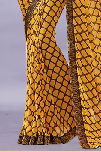 Yellow Georgette Printed Saree Lace Border & Rich Pallu With Plain Blouse And Saree For Women 