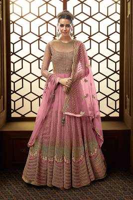 Pink embroidered net semi stitched anarkali churidar suit 1