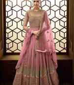 Pink embroidered net semi stitched anarkali churidar suit