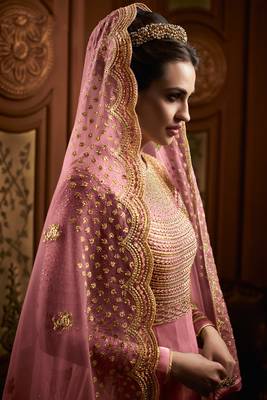 Pink embroidered net semi stitched anarkali churidar suit 2