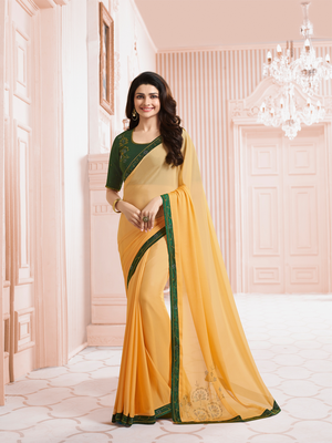 Yellow Silk Stone Work Saree With Lace Border & Rich Pallu With Banglori Blouse And Saree For Women  1