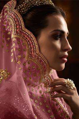 Pink embroidered net semi stitched anarkali churidar suit 3
