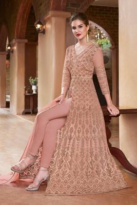 Peach embroidered georgette semi stitched anarkali churidar suit 1