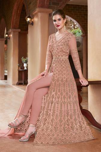 Peach embroidered georgette semi stitched anarkali churidar suit