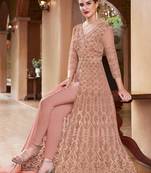 Peach embroidered georgette semi stitched anarkali churidar suit