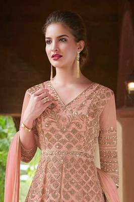 Peach embroidered georgette semi stitched anarkali churidar suit 2