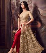 Beige embroidered net semi stitched anarkali lehenga suit