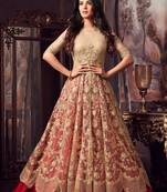 Beige embroidered net semi stitched anarkali pant suit.