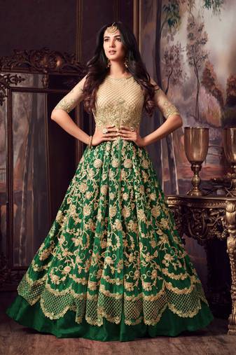 Beige embroidered net semi stitched anarkali lehenga suit.