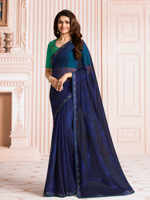Navy Blue Georgette Stone Work Saree With Lace Border & Rich Pallu With Banglori Blouse And Saree For Women  1