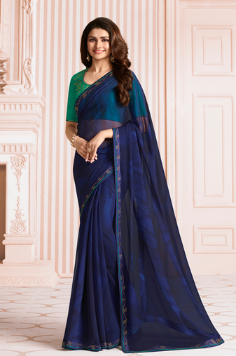 Navy Blue Georgette Stone Work Saree With Lace Border & Rich Pallu With Banglori Blouse And Saree For Women 