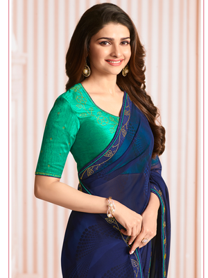 Navy Blue Georgette Stone Work Saree With Lace Border & Rich Pallu With Banglori Blouse And Saree For Women  2