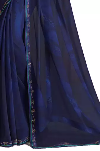 Navy Blue Georgette Stone Work Saree With Lace Border & Rich Pallu With Banglori Blouse And Saree For Women 