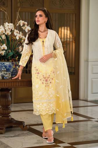 Yellow embroidered organza free size stitched straight pant suit. ( size upto 42)