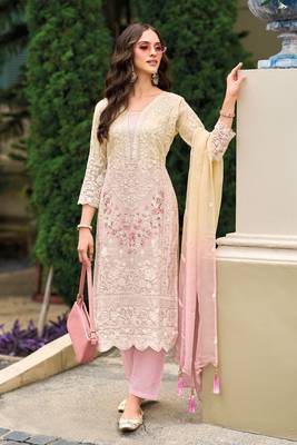 Peach embroidered organza free size stitched straight pant suit. ( size upto 42) 1