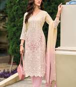 Peach embroidered organza free size stitched straight pant suit. ( size upto 42)