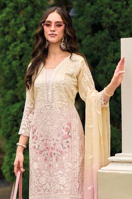 Peach embroidered organza free size stitched straight pant suit. ( size upto 42) 2