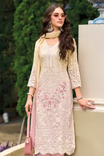 Peach embroidered organza free size stitched straight pant suit. ( size upto 42)