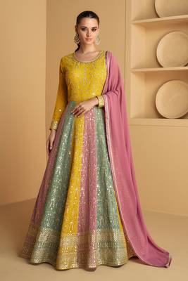 Mustard embroidered georgette free size stitched gown. ( size upto 42) 1