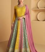 Mustard embroidered georgette free size stitched gown. ( size upto 42)