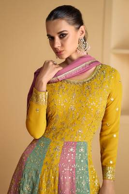 Mustard embroidered georgette free size stitched gown. ( size upto 42) 3