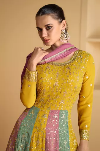 Mustard embroidered georgette free size stitched gown. ( size upto 42)