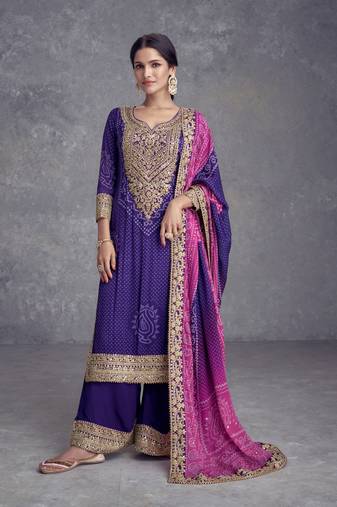 Maahi Styles Purple Chinnon Golden Embroidered Salwar Suit