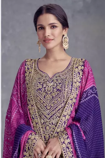 purple chiffon golden embroidered palazzo suit