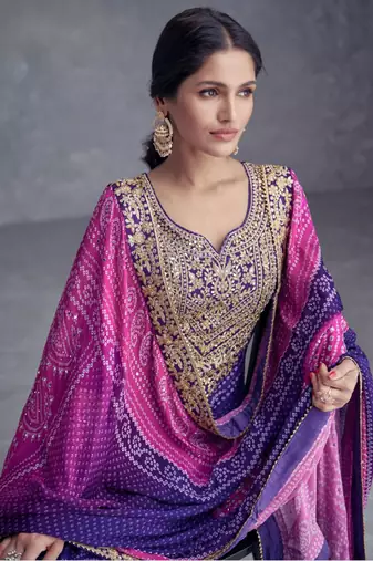 purple chiffon golden embroidered palazzo suit