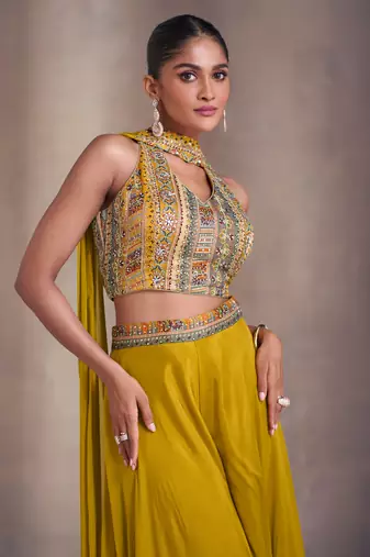 Mustard Chiffon Threadwork Palazzo Suit for Women (Size Up to 42")