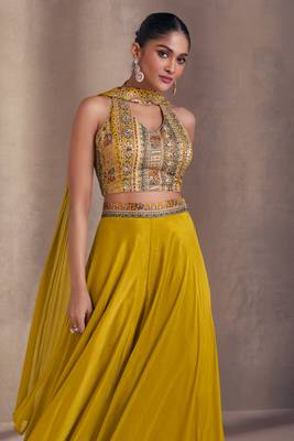 Mustard Chiffon Threadwork Palazzo Suit for Women (Size Up to 42") 1