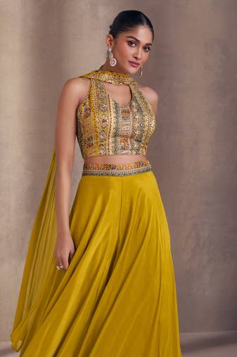 Mustard Chiffon Threadwork Palazzo Suit for Women