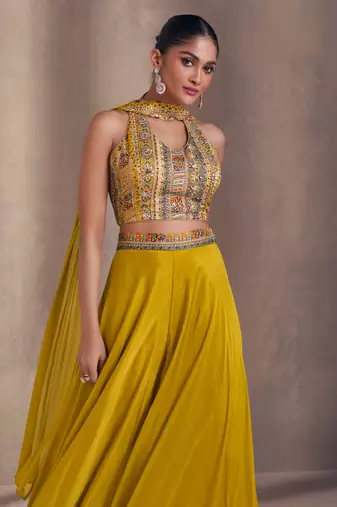 Mustard Chiffon Threadwork Palazzo Suit for Women (Size Up to 42")