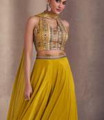 Mustard Chiffon Threadwork Palazzo Suit for Women (Size Up to 42")