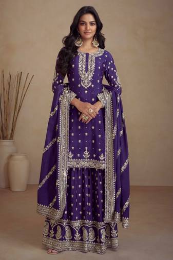 Purple embroidered chinnon free size stitched straight palazzo suit. ( size upto 42)