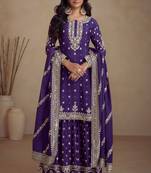 Purple embroidered chinnon free size stitched straight palazzo suit. ( size upto 42)