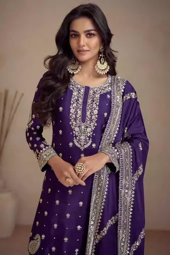 Purple embroidered chinnon free size stitched straight palazzo suit. ( size upto 42)