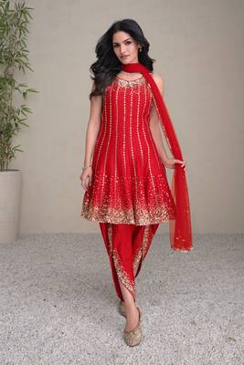 Red Embroidered Silk Free Size Stitched Punjabi Salwar Suit. ( Size Upto 42) 1