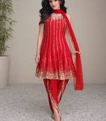 Red Embroidered Silk Free Size Stitched Punjabi Salwar Suit. ( Size Upto 42)