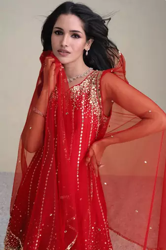 Red Embroidered Silk Free Size Stitched Punjabi Salwar Suit. ( Size Upto 42)