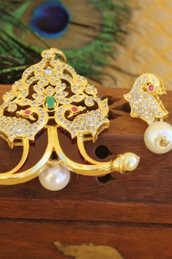 Designer gold plated cz peacock pendants set